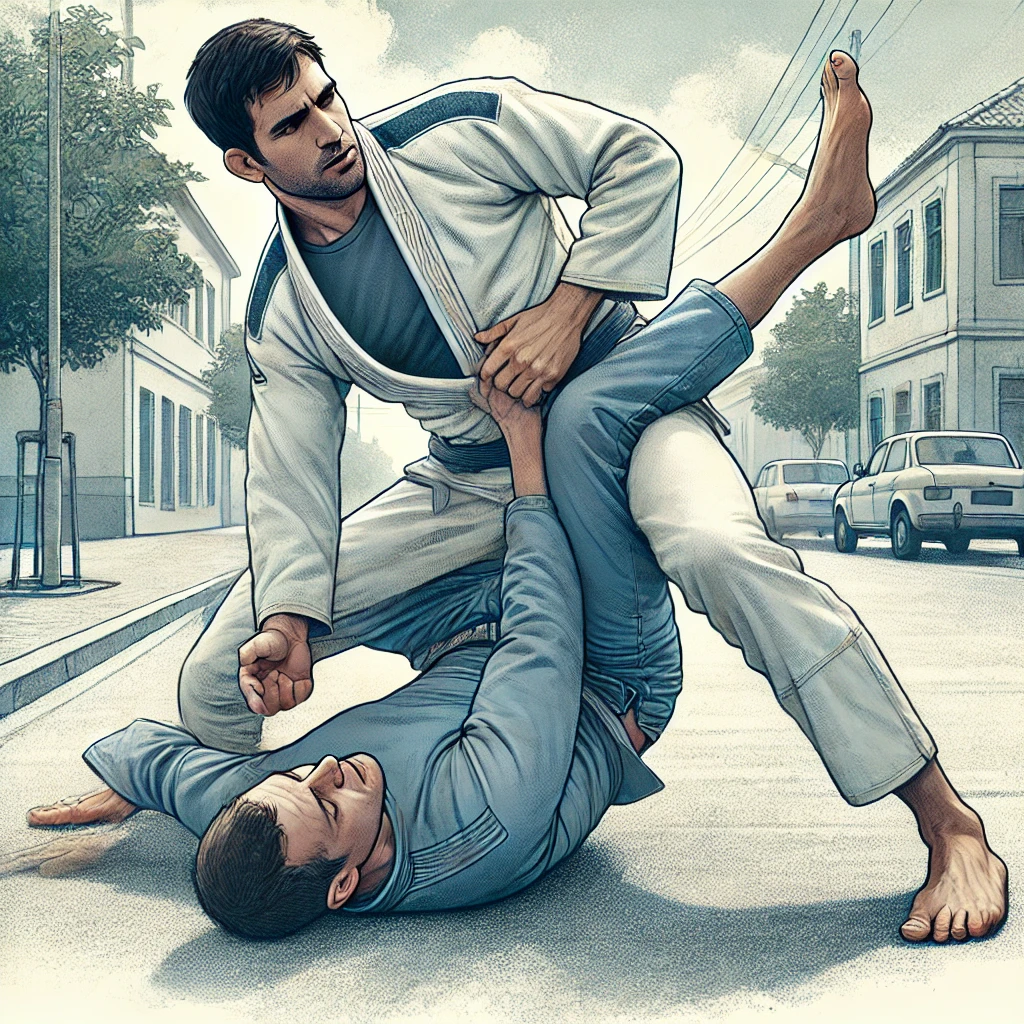A dynamic, illustrative scene depicting a calm Brazilian Jiu-Jitsu practitioner in casual clothing controlling an aggressive opponent.